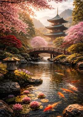 Japanese Garden with Pagoda and Koi Pond