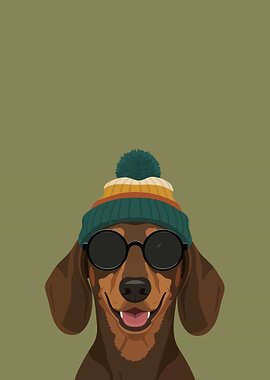 Dachshund Wearing a Beanie and Sunglasses