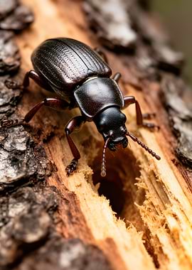Close-up of a dark beetle on wood