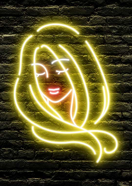 Beautiful Neon Woman Portrait on a dark Brick Wall Background