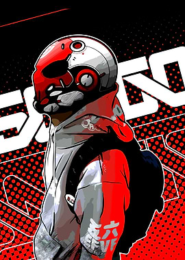 Cyberpunk character with red and white helmet