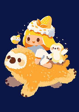 Cute Girl Riding a Sloth with a Pear