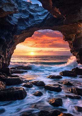 Cave Entrance Sunset Over Ocean
