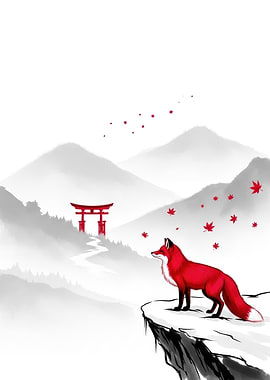 Red Fox on Cliff with Torii Gate