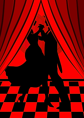 Silhouettes of a dancing couple on a checkered floor