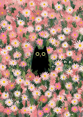 Black Cat in Pink Flowers