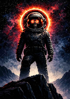 Astronaut with Skull Helmet and Fiery Sun