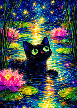 Black Cat in Starry Lily Pond