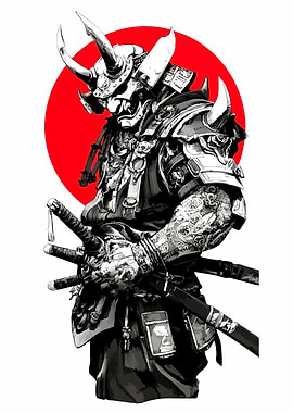 Samurai Warrior with Swords and Red Sun
