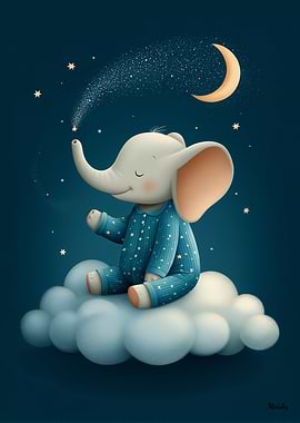 Cute Elephant Illustration Dreamlike Night Scene