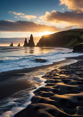 Dramatic Icelandic Black Sand Beach Sunrise