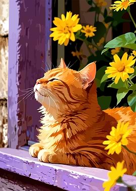 Orange Cat Sunbathing by Flowers