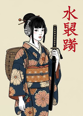 Samurai Woman with Katana and Headphones