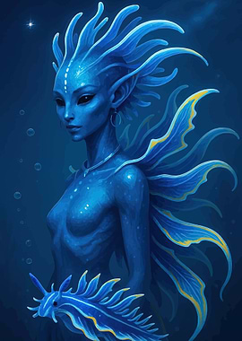 Blue Mermaid with Sea Creature