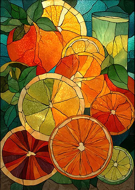 Stained Glass Citrus Fruit Still Life