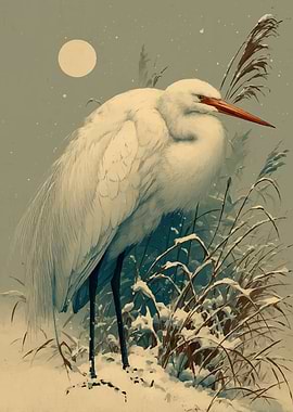 Great Egret in Snowy Reeds