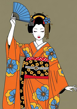 Geisha with Fan and Floral Kimono
