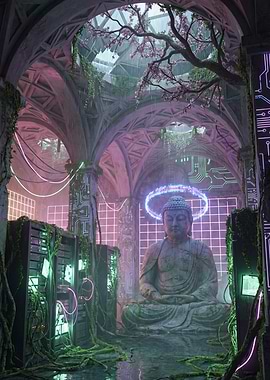 Cyberpunk Buddha in Ruined Temple