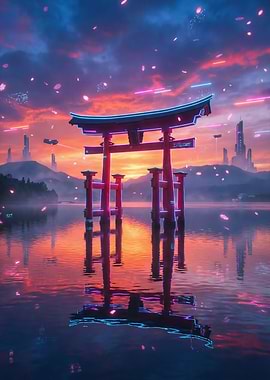 Cyberpunk Torii Gate at Sunset