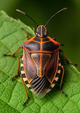 Colorful Stink Bug on Green Leaf