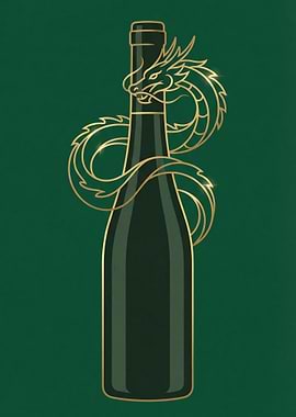 Minimalist Wine Bottle Dragon Gold Line Art