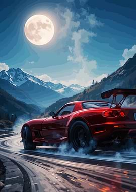 Red Sports Car Drifting in Mountains