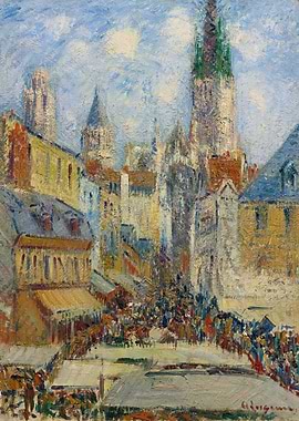Impressionist Cityscape with Market