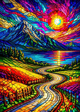 Stained Glass Mountain Landscape