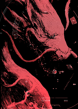 Red Dragon with Futuristic HUD Elements