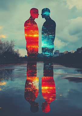 Silhouettes of two people reflecting in water