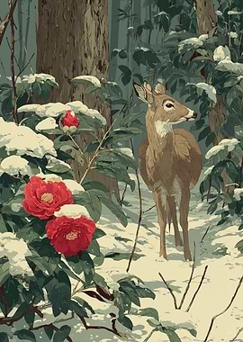 Deer in a Snowy Forest with Camellias