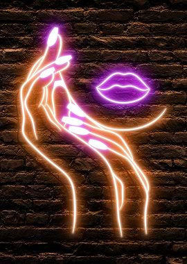 Neon Lady Face Jawline Hand and Lips on a dark Brick Wall Background