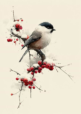 Bird on a snowy branch with berries