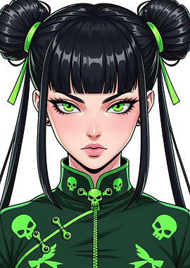 Anime Girl with Green Eyes and Skull Outfit