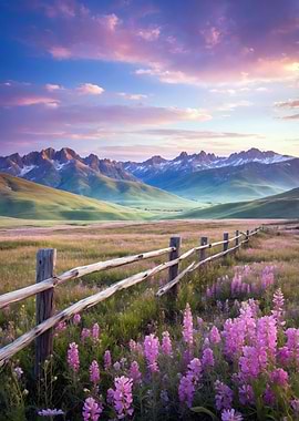 Mountain Landscape with Wooden Fence and Wildflowers