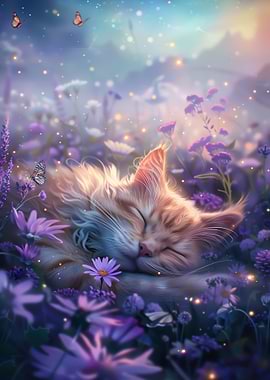 Sleeping Cat in a Field of Purple Flowers