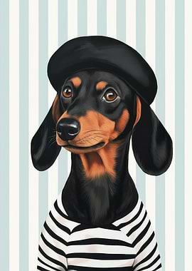 Dachshund in Beret and Striped Shirt
