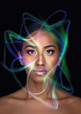 Woman with Colorful Light Trails