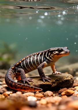 Underwater Salamander on Rocky Riverbed