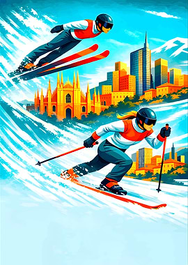 Skiers in a Cityscape