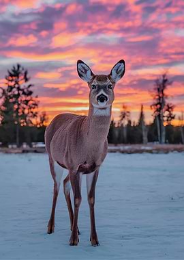 Deer in a Snowy Landscape at Sunset