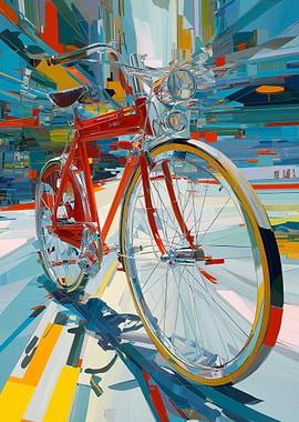 Red Bicycle in Abstract Cityscape