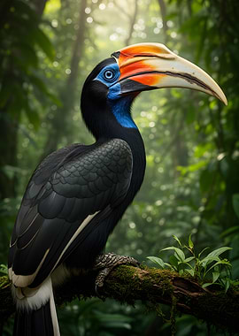 Hornbill perched on a mossy branch