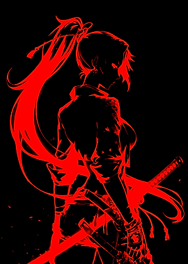 Red Silhouette Samurai Woman with Swords