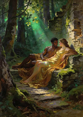 Couple in a sunlit forest ruin