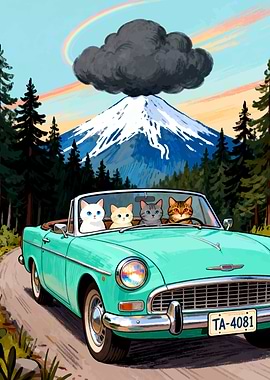 Cats Driving Convertible to Snowy Mountain