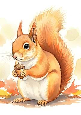 Watercolor Squirrel Holding an Acorn