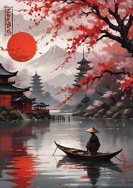 Red moon and Cherry Blossoms