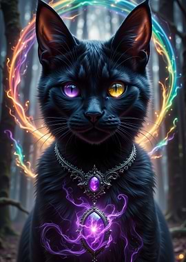 Mystical Black Cat with Glowing Amulet