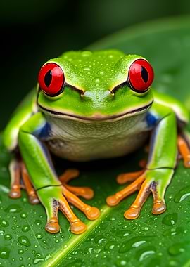 Red-eyed tree frog on a wet leaf